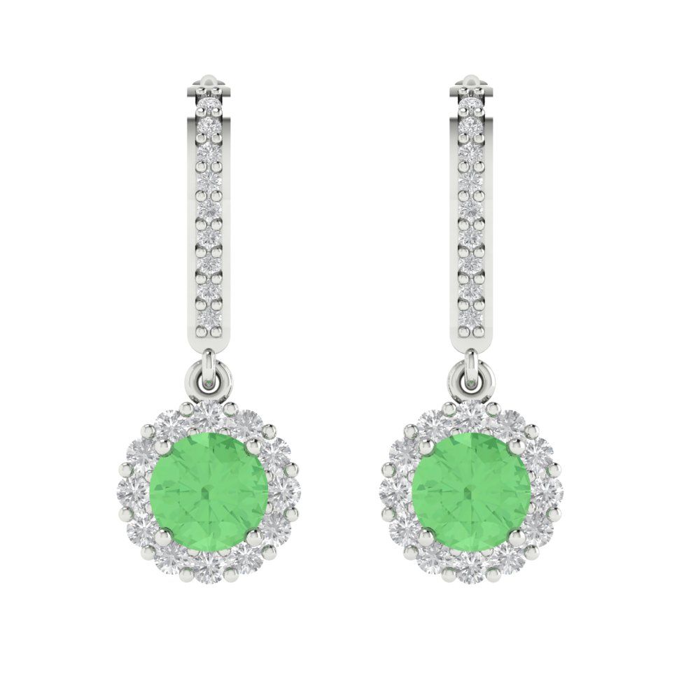 2.235 ctw Green Zirconia Drop Dangle Earrings | 6mm Round Cut White Gold Lever Back | April Birthstone