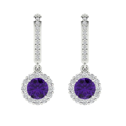 2.235 ctw Amethyst Drop Dangle Earrings | 6mm Round Cut White Gold Lever Back | February Birthstone