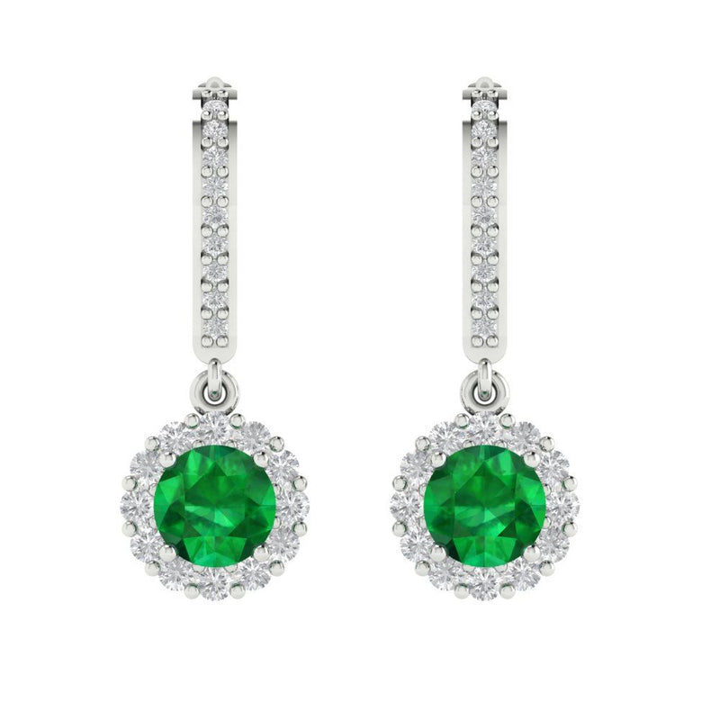 2.25 ct Brilliant Round Cut Halo Drop Dangle Simulated Emerald Stone White Gold Earrings Lever Back