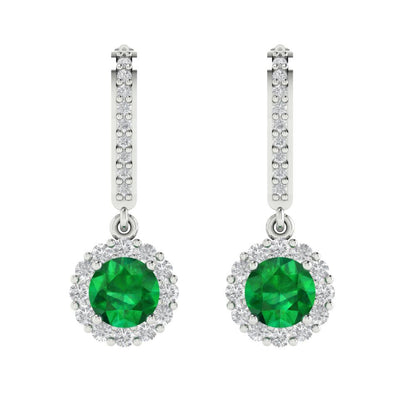 2.235 ctw Emerald Drop Dangle Earrings | 6mm Round Cut White Gold Lever Back | May Birthstone
