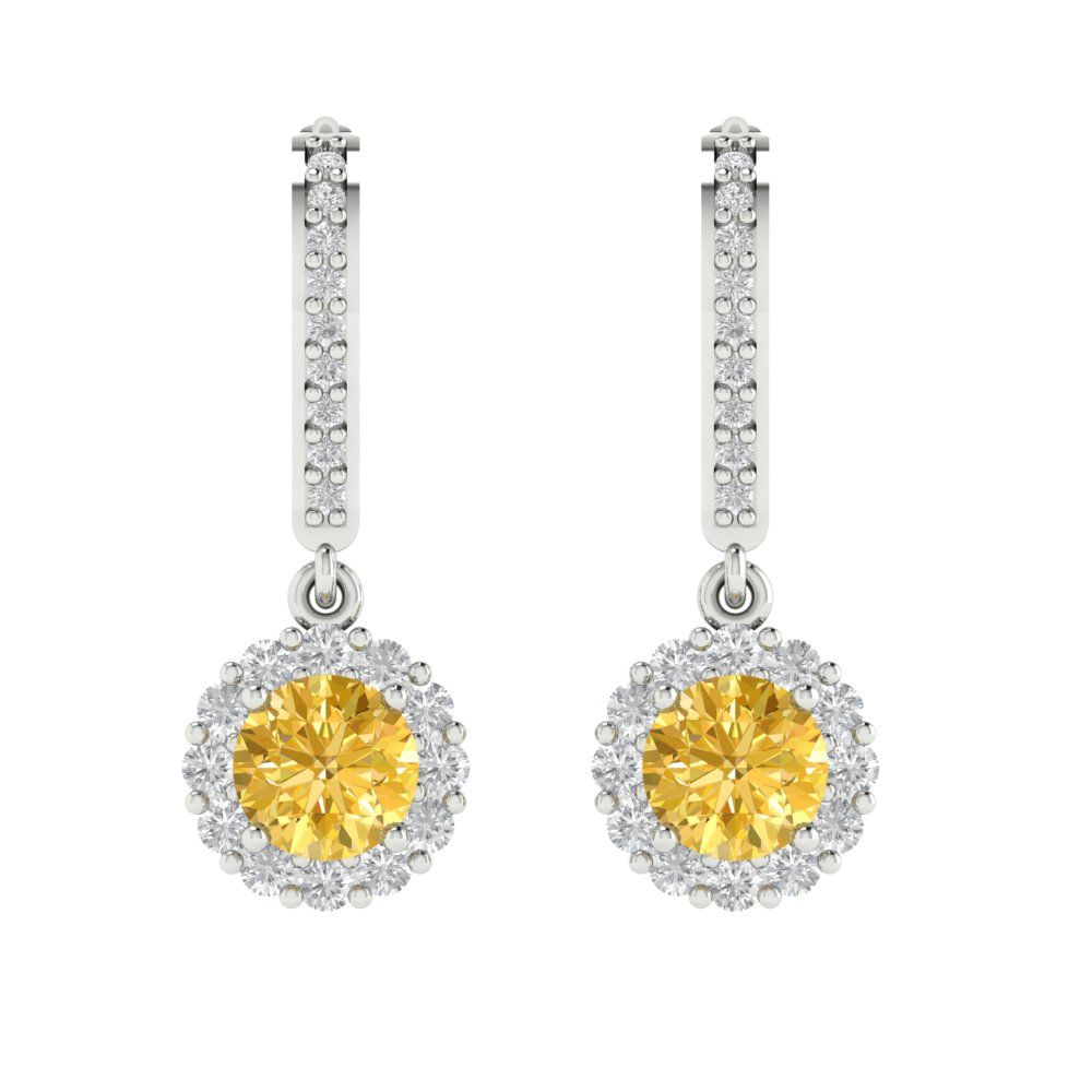 2.235 ctw Yellow Zirconia Drop Dangle Earrings | 6mm Round Cut White Gold Lever Back | April Birthstone