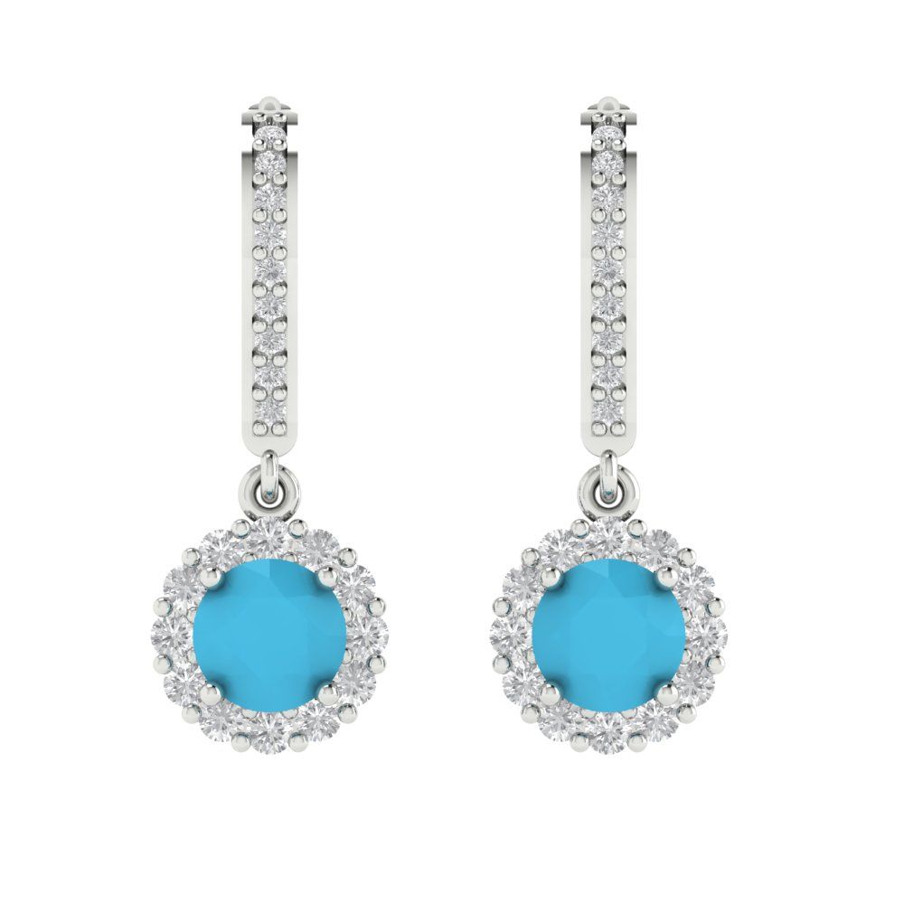 2.235 ctw Turquoise Drop Dangle Earrings | 6mm Round Cut White Gold Lever Back | December Birthstone
