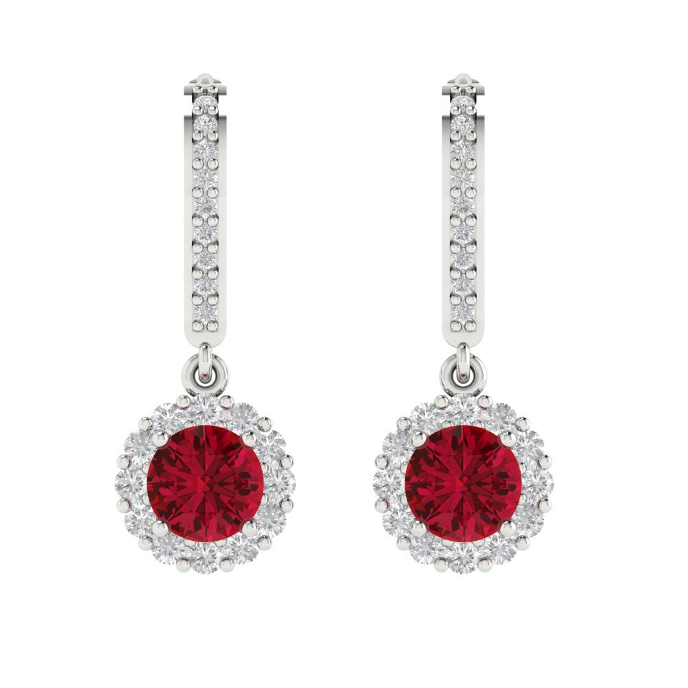 2.235 ctw Ruby Drop Dangle Earrings | 6mm Round Cut White Gold Lever Back | July Birthstone