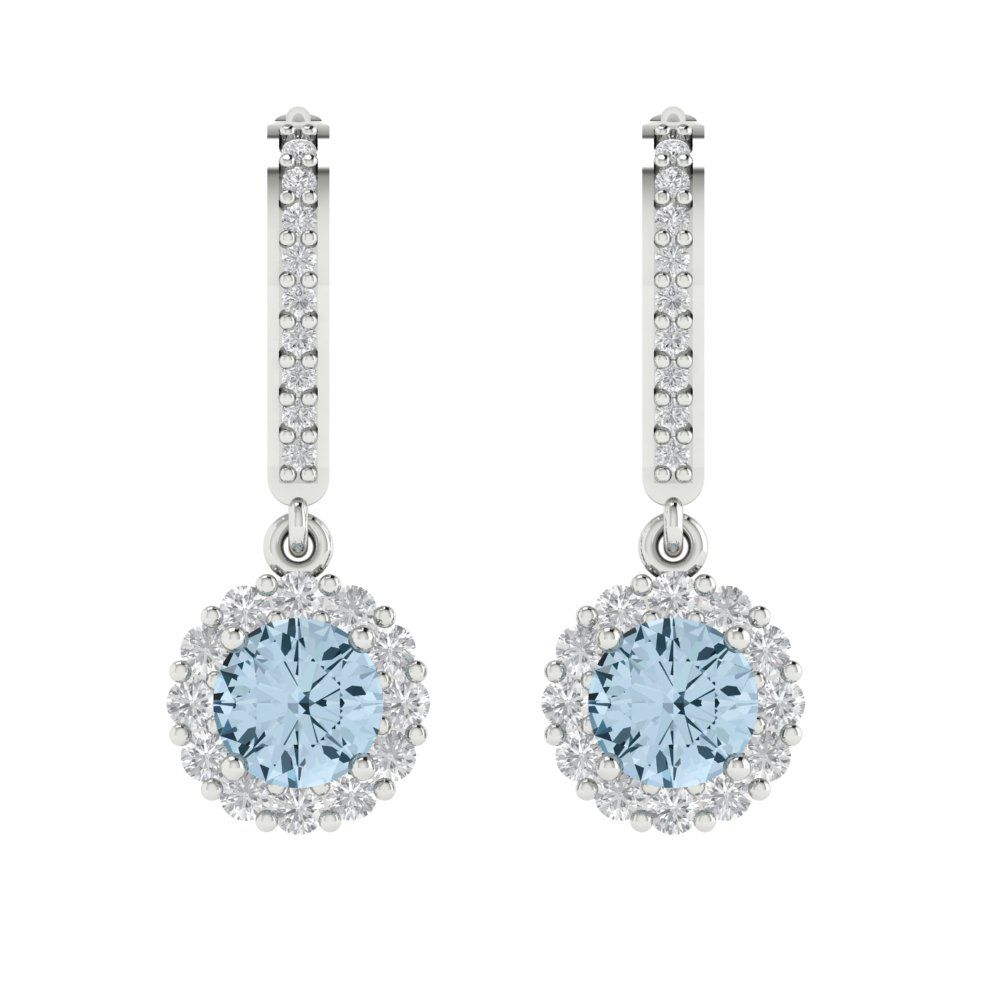 2.235 ctw Aquamarine Drop Dangle Earrings | 6mm Round Cut White Gold Lever Back | March Birthstone