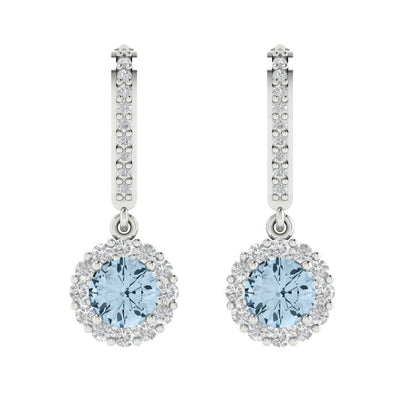 2.235 ctw Aquamarine Drop Dangle Earrings | 6mm Round Cut White Gold Lever Back | March Birthstone