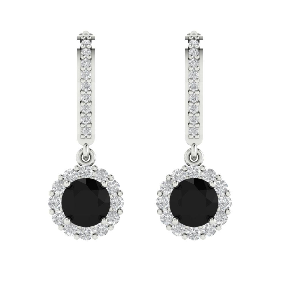 2.235 ctw Onyx Drop Dangle Earrings | 6mm Round Cut White Gold Lever Back | July Birthstone