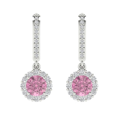 2.235 ctw Pink Zirconia Drop Dangle Earrings | 6mm Round Cut White Gold Lever Back | April Birthstone