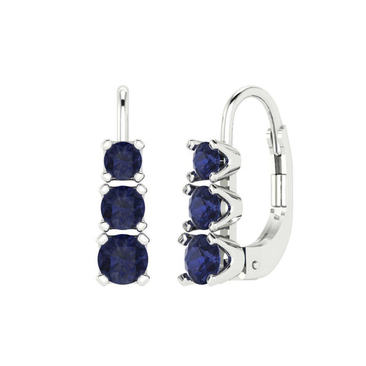 1.06 ctw Blue Sapphire Drop Dangle Earrings | 4mm Round Cut White Gold Lever Back | September Birthstone
