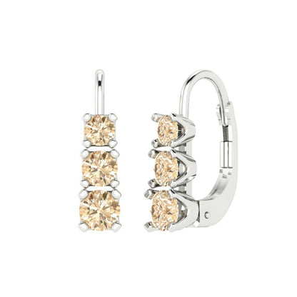 1.06 ctw Morganite Drop Dangle Earrings | 4mm Round Cut White Gold Lever Back | February Birthstone