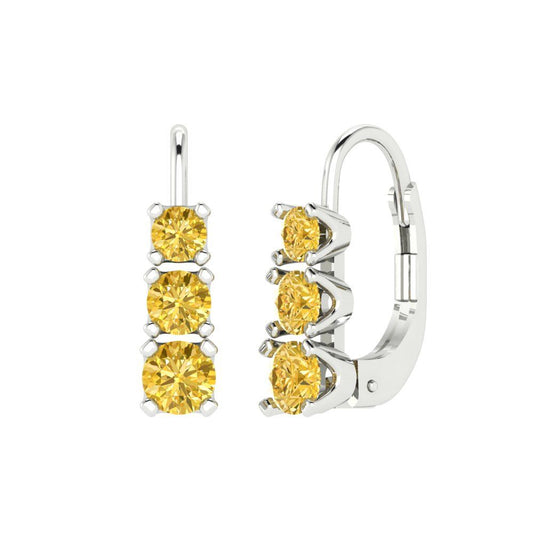 1.06 ctw Citrine Drop Dangle Earrings | 4mm Round Cut White Gold Lever Back | November Birthstone