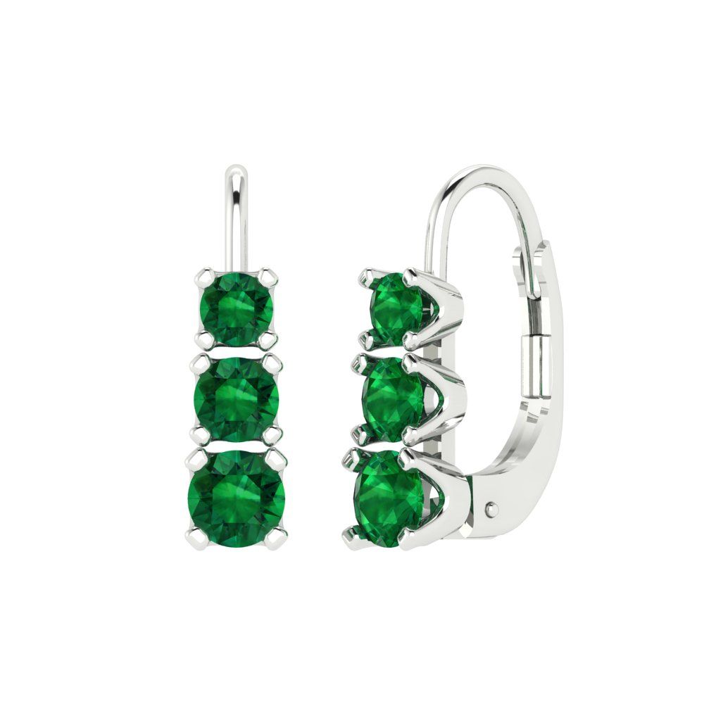 1.06 ctw Emerald Drop Dangle Earrings | 4mm Round Cut White Gold Lever Back | May Birthstone