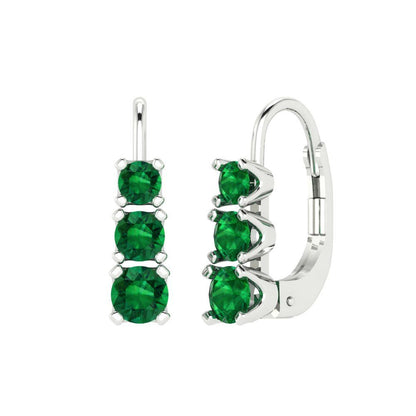 1.06 ctw Emerald Drop Dangle Earrings | 4mm Round Cut White Gold Lever Back | May Birthstone