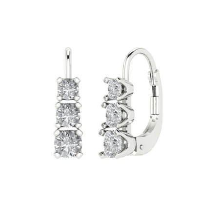1.06 ctw Zirconia Diamond Drop Dangle Earrings | 4mm Round Cut White Gold Lever Back | April Birthstone