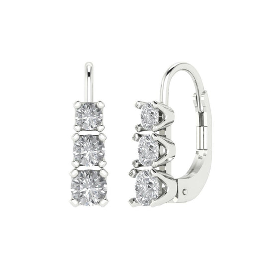1.06 ctw Zirconia Diamond Drop Dangle Earrings | 4mm Round Cut White Gold Lever Back | April Birthstone