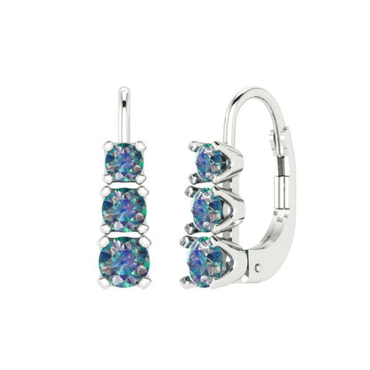 1.06 ctw Blue Moissanite Drop Dangle Earrings | 4mm Round Cut White Gold Lever Back | April Birthstone