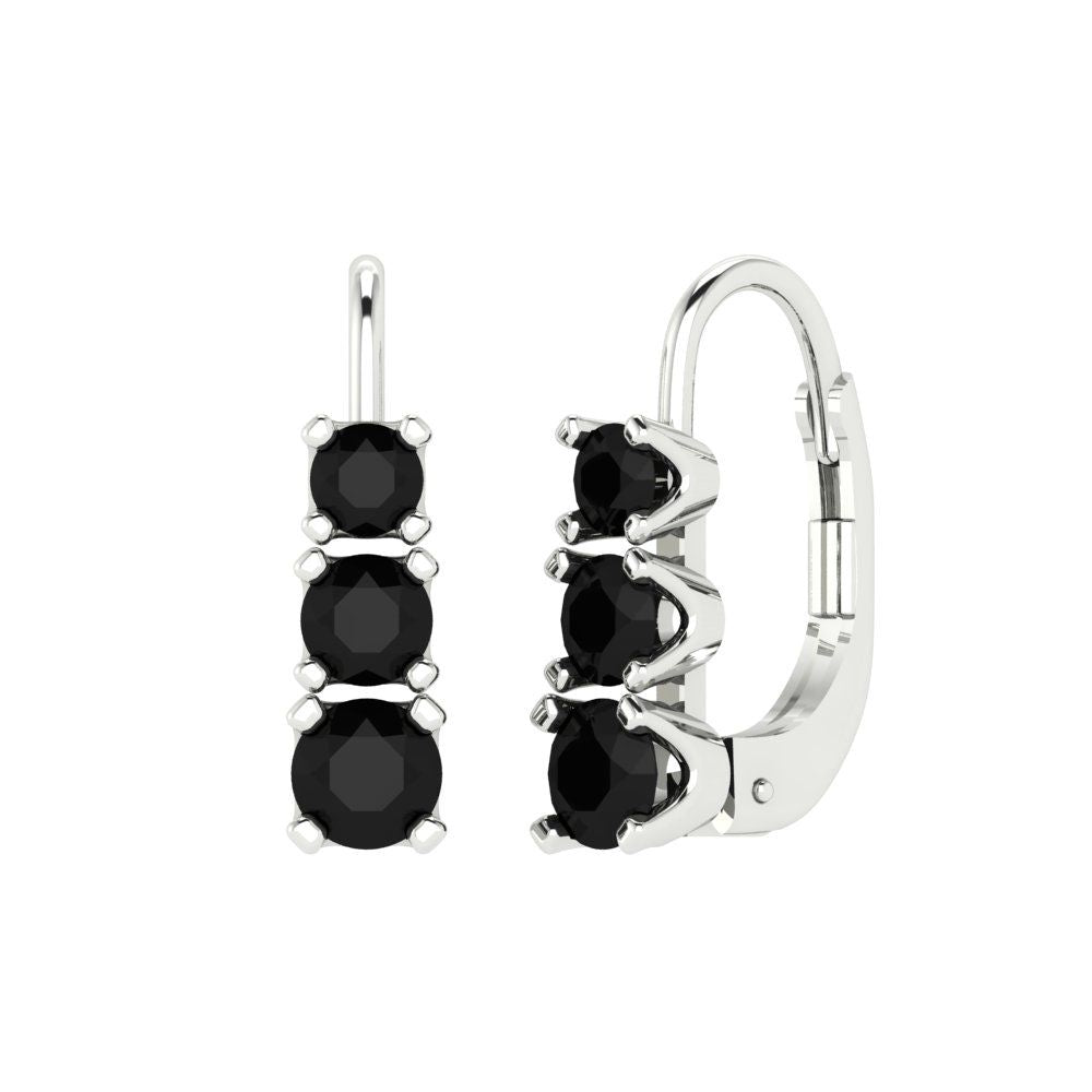 1.06 ctw Onyx Drop Dangle Earrings | 4mm Round Cut White Gold Lever Back | July Birthstone