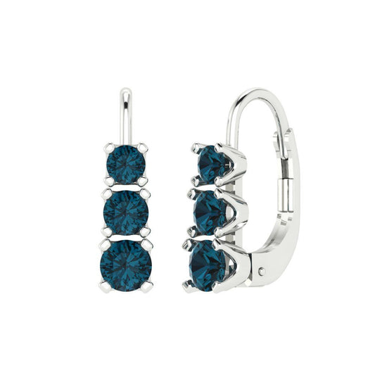 1.06 ctw London Blue Topaz Drop Dangle Earrings | 4mm Round Cut White Gold Lever Back | December Birthstone