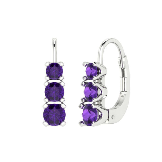 1.06 ctw Amethyst Drop Dangle Earrings | 4mm Round Cut White Gold Lever Back | February Birthstone
