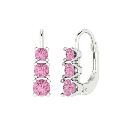 1.06 ctw Pink Zirconia Drop Dangle Earrings | 4mm Round Cut White Gold Lever Back | April Birthstone