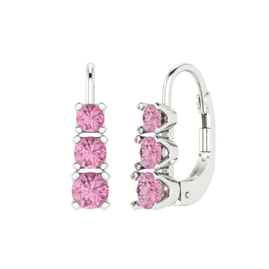 1.06 ctw Pink Zirconia Drop Dangle Earrings | 4mm Round Cut White Gold Lever Back | April Birthstone