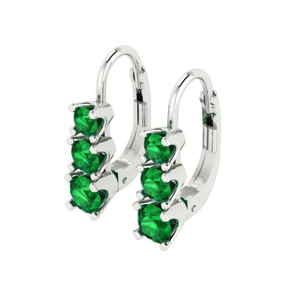 1.06 ctw Emerald Drop Dangle Earrings | 4mm Round Cut White Gold Lever Back | May Birthstone
