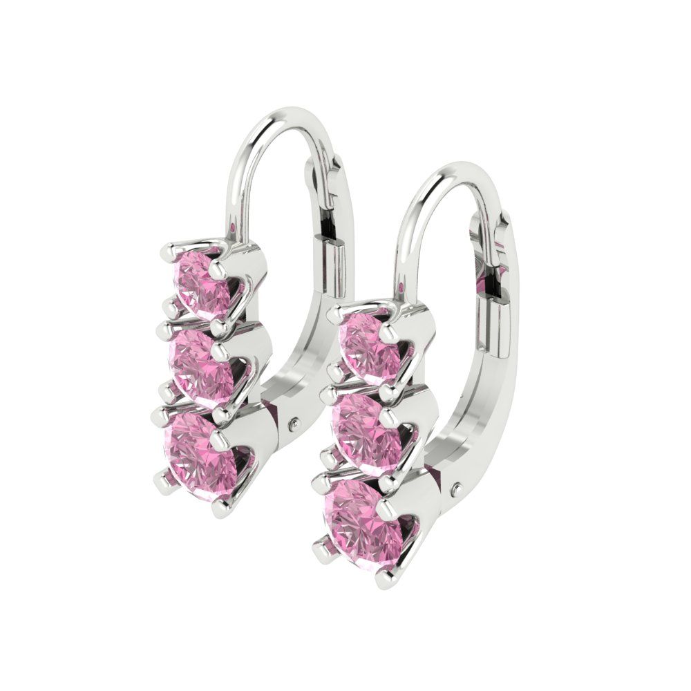 1.06 ctw Pink Zirconia Drop Dangle Earrings | 4mm Round Cut White Gold Lever Back | April Birthstone