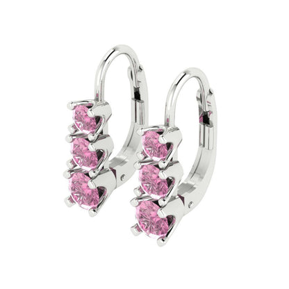 1.06 ctw Pink Zirconia Drop Dangle Earrings | 4mm Round Cut White Gold Lever Back | April Birthstone