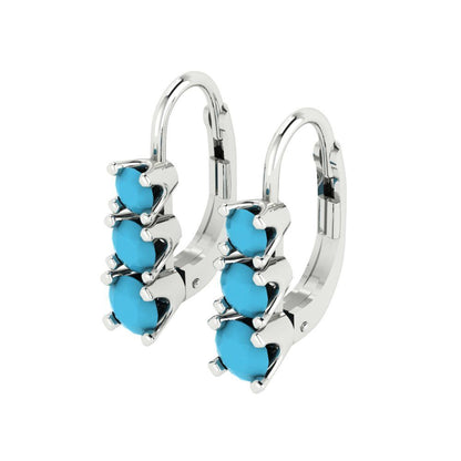 1.06 ctw Turquoise Drop Dangle Earrings | 4mm Round Cut White Gold Lever Back | December Birthstone