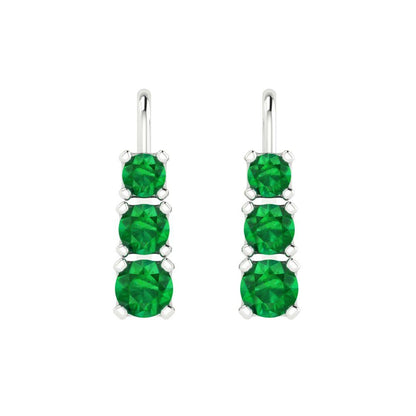1.06 ctw Emerald Drop Dangle Earrings | 4mm Round Cut White Gold Lever Back | May Birthstone