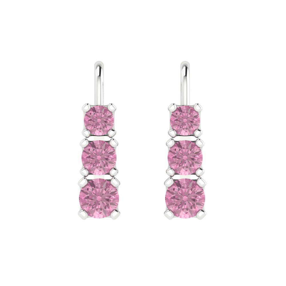 1.06 ctw Pink Zirconia Drop Dangle Earrings | 4mm Round Cut White Gold Lever Back | April Birthstone