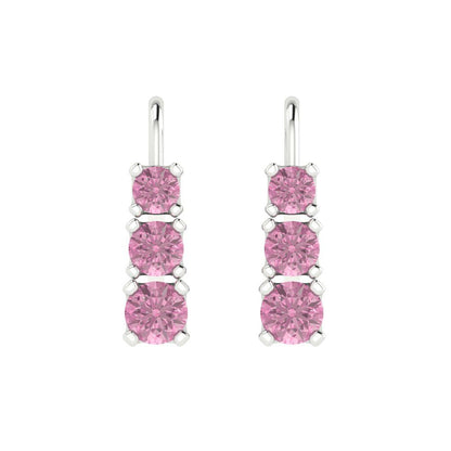 1.06 ctw Pink Zirconia Drop Dangle Earrings | 4mm Round Cut White Gold Lever Back | April Birthstone