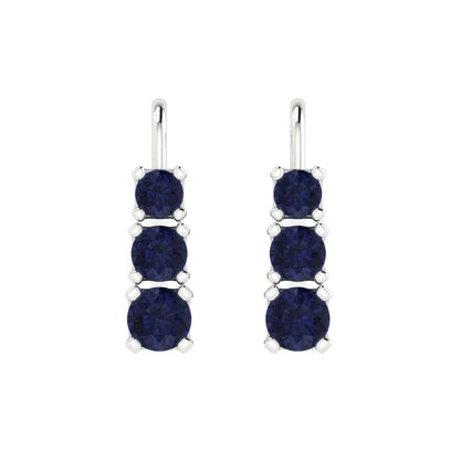 1.06 ctw Blue Sapphire Drop Dangle Earrings | 4mm Round Cut White Gold Lever Back | September Birthstone