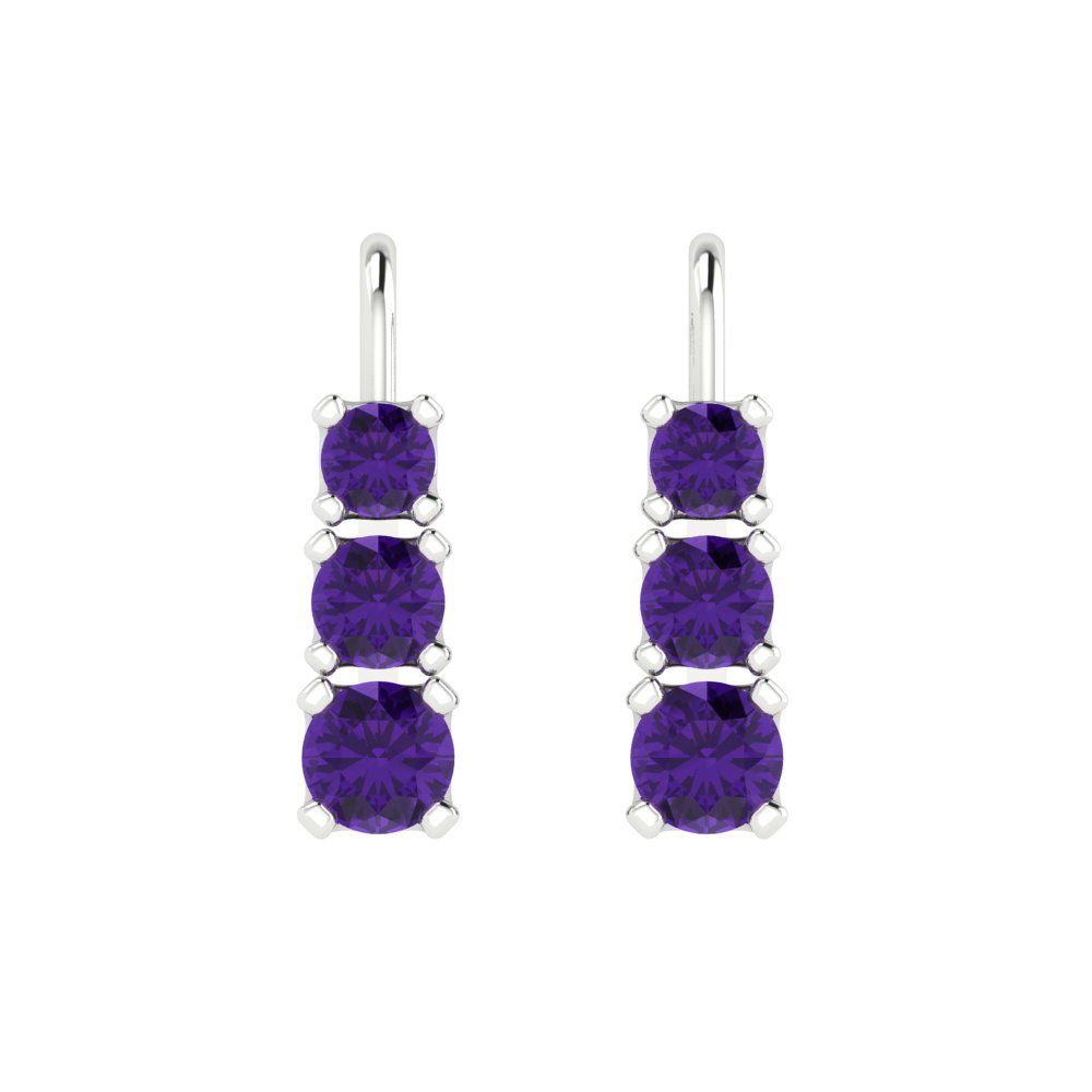 1.06 ctw Amethyst Drop Dangle Earrings | 4mm Round Cut White Gold Lever Back | February Birthstone