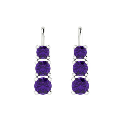1.06 ctw Amethyst Drop Dangle Earrings | 4mm Round Cut White Gold Lever Back | February Birthstone
