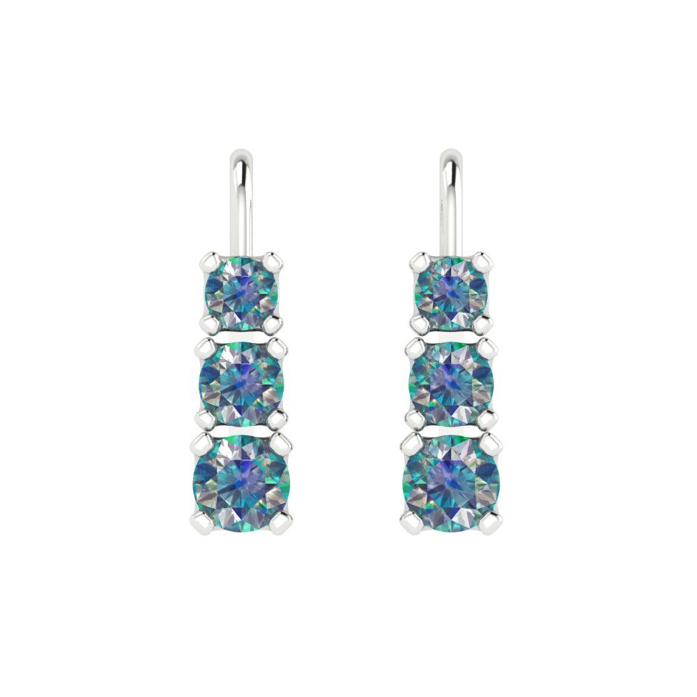 1.06 ctw Blue Moissanite Drop Dangle Earrings | 4mm Round Cut White Gold Lever Back | April Birthstone