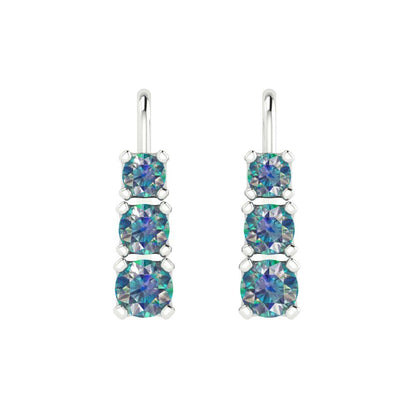 1.06 ctw Blue Moissanite Drop Dangle Earrings | 4mm Round Cut White Gold Lever Back | April Birthstone