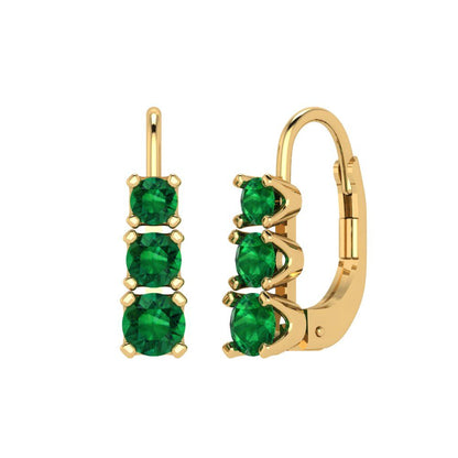 1.06 ctw Emerald Drop Dangle Earrings | 4mm Round Cut White Gold Lever Back | May Birthstone