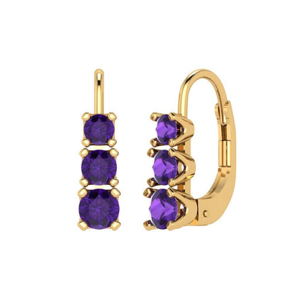 1.06 ctw Amethyst Drop Dangle Earrings | 4mm Round Cut White Gold Lever Back | February Birthstone