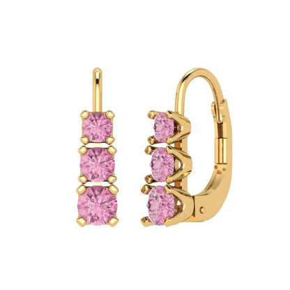 1.06 ctw Pink Zirconia Drop Dangle Earrings | 4mm Round Cut White Gold Lever Back | April Birthstone