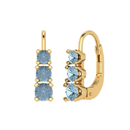1.06 ctw Aquamarine Drop Dangle Earrings | 4mm Round Cut White Gold Lever Back | March Birthstone
