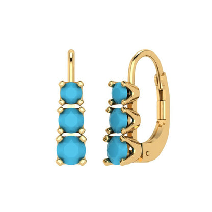 1.06 ctw Turquoise Drop Dangle Earrings | 4mm Round Cut White Gold Lever Back | December Birthstone