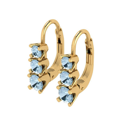 1.06 ctw Aquamarine Drop Dangle Earrings | 4mm Round Cut White Gold Lever Back | March Birthstone
