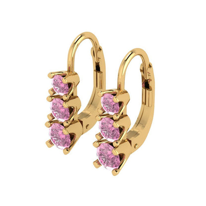 1.06 ctw Pink Zirconia Drop Dangle Earrings | 4mm Round Cut White Gold Lever Back | April Birthstone