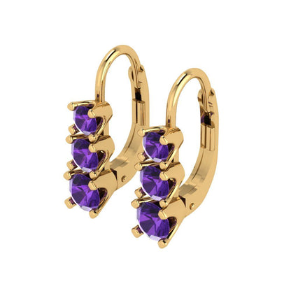 1.06 ctw Amethyst Drop Dangle Earrings | 4mm Round Cut White Gold Lever Back | February Birthstone