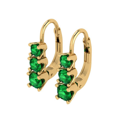 1.06 ctw Emerald Drop Dangle Earrings | 4mm Round Cut White Gold Lever Back | May Birthstone