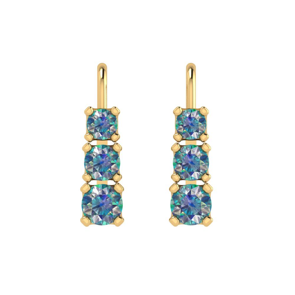 1.06 ctw Blue Moissanite Drop Dangle Earrings | 4mm Round Cut White Gold Lever Back | April Birthstone