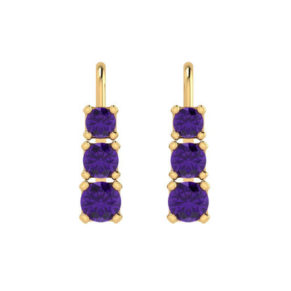 1.06 ctw Amethyst Drop Dangle Earrings | 4mm Round Cut White Gold Lever Back | February Birthstone