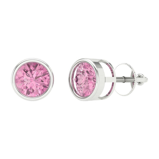 2 ctw Pink Zirconia Studs Earrings | 6.5mm Round Cut White Gold Screw back | April Birthstone