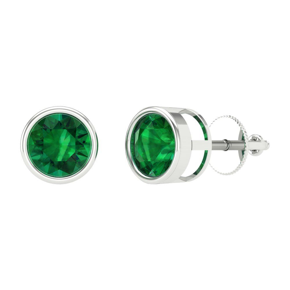 2 ctw Emerald Studs Earrings | 6.5mm Round Cut White Gold Screw back | May Birthstone