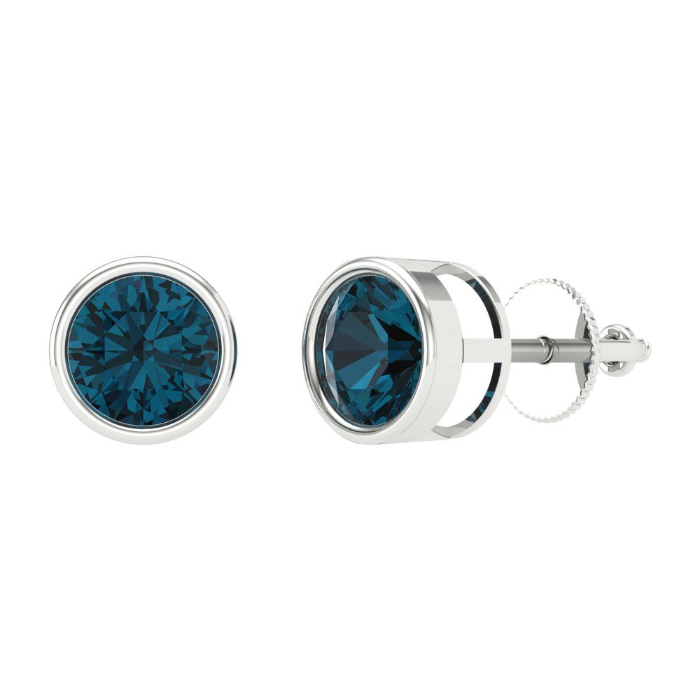 2 ctw London Blue Topaz Studs Earrings | 6.5mm Round Cut White Gold Screw back | December Birthstone